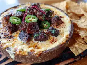 smoked queso dip with brisket burnt ends and jalapeño - featured image