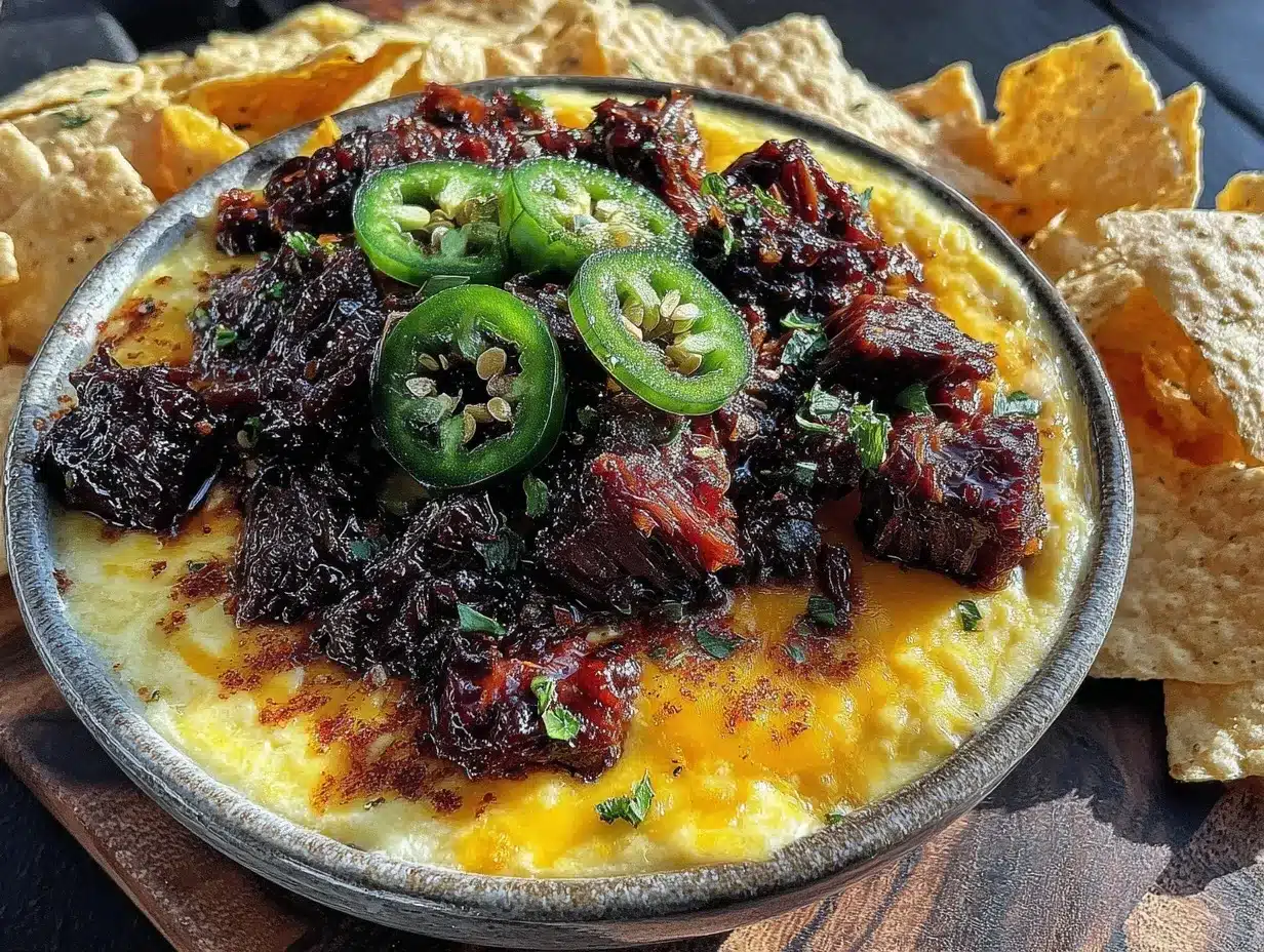 smoked queso dip with brisket burnt ends and jalapeño preparation steps