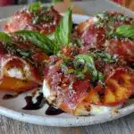 brown sugar grilled peach burrata caprese - featured image
