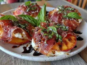 brown sugar grilled peach burrata caprese - featured image