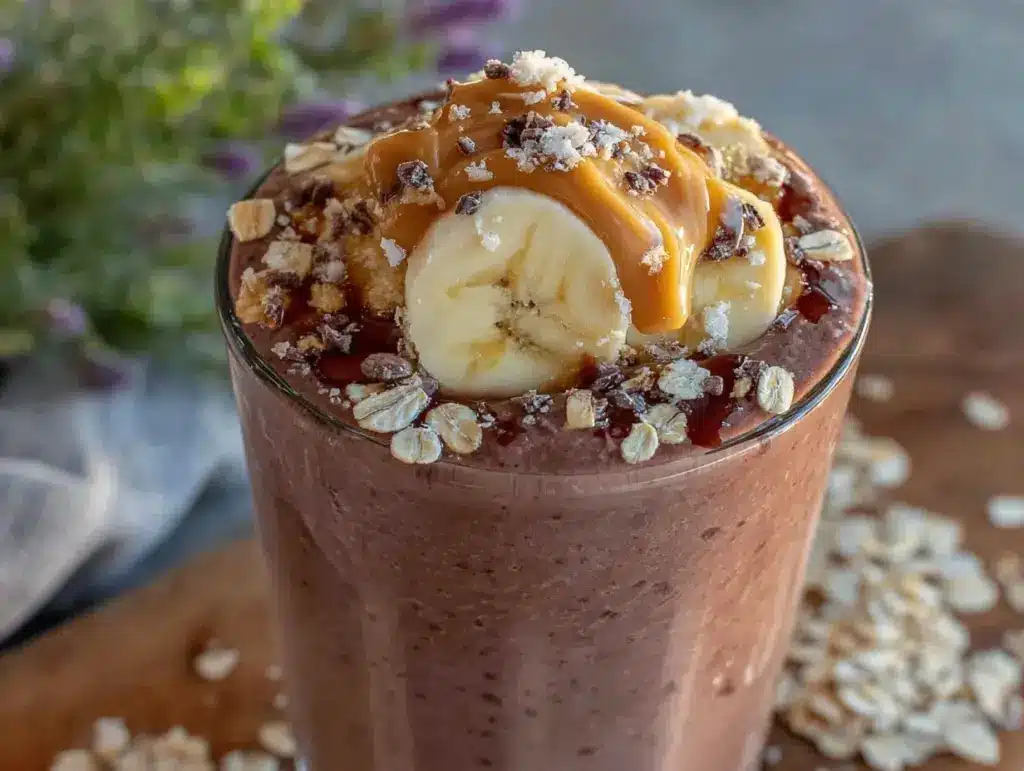 creamy chocolate peanut butter protein smoothie - featured image