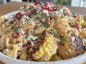 creamy elote-style street corn pasta salad - featured image