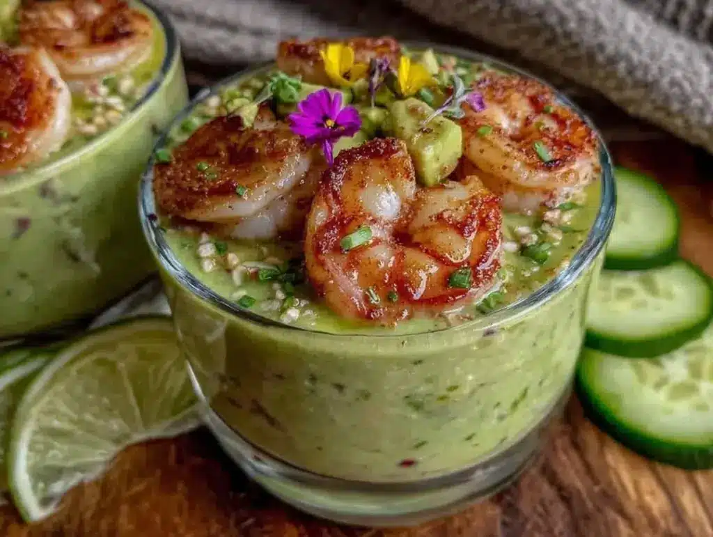 fresh chilled cucumber avocado gazpacho with shrimp - featured image