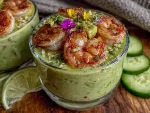 fresh chilled cucumber avocado gazpacho with shrimp - featured image
