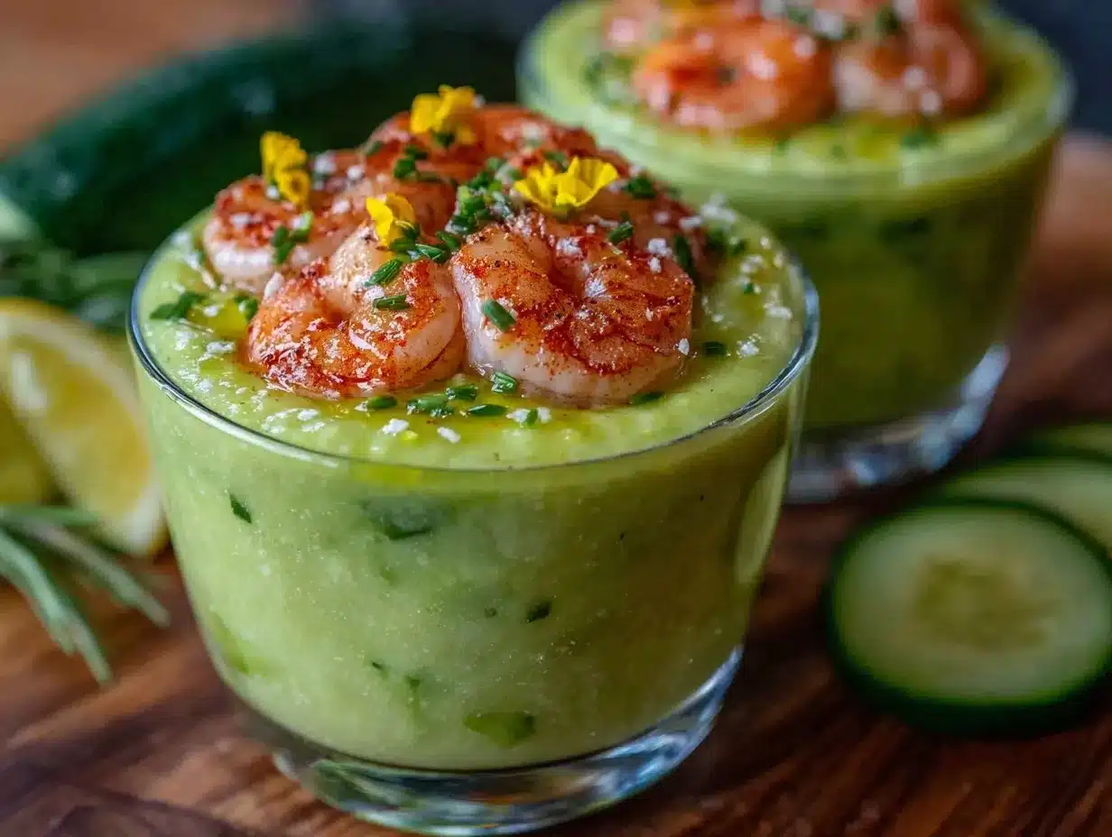 fresh chilled cucumber avocado gazpacho with shrimp preparation steps