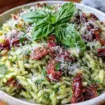 fresh cold pesto orzo pasta salad - featured image
