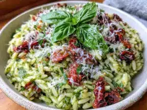 fresh cold pesto orzo pasta salad - featured image