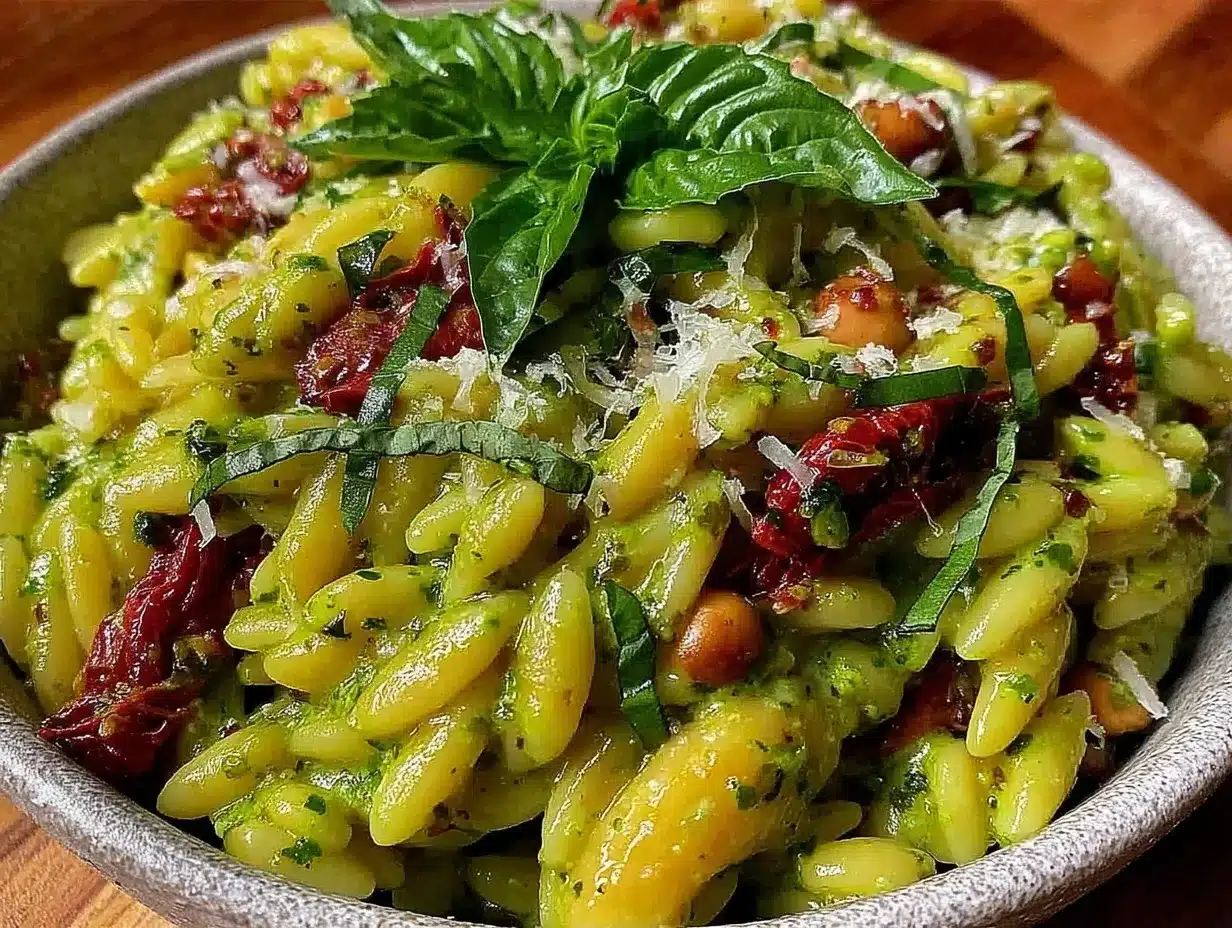 fresh cold pesto orzo pasta salad preparation steps