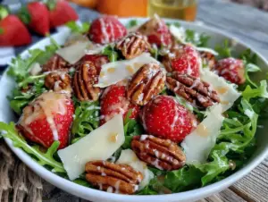 fresh strawberry pecan arugula salad - featured image