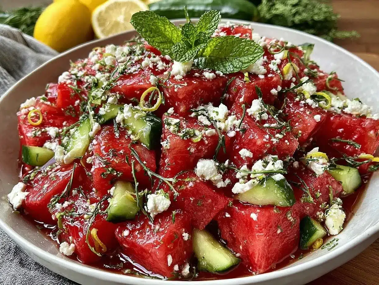 fresh watermelon cucumber feta mint salad preparation steps