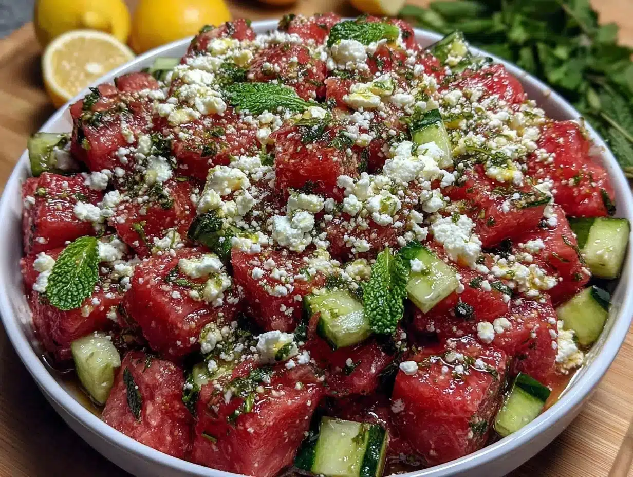 fresh watermelon cucumber feta mint salad - featured image