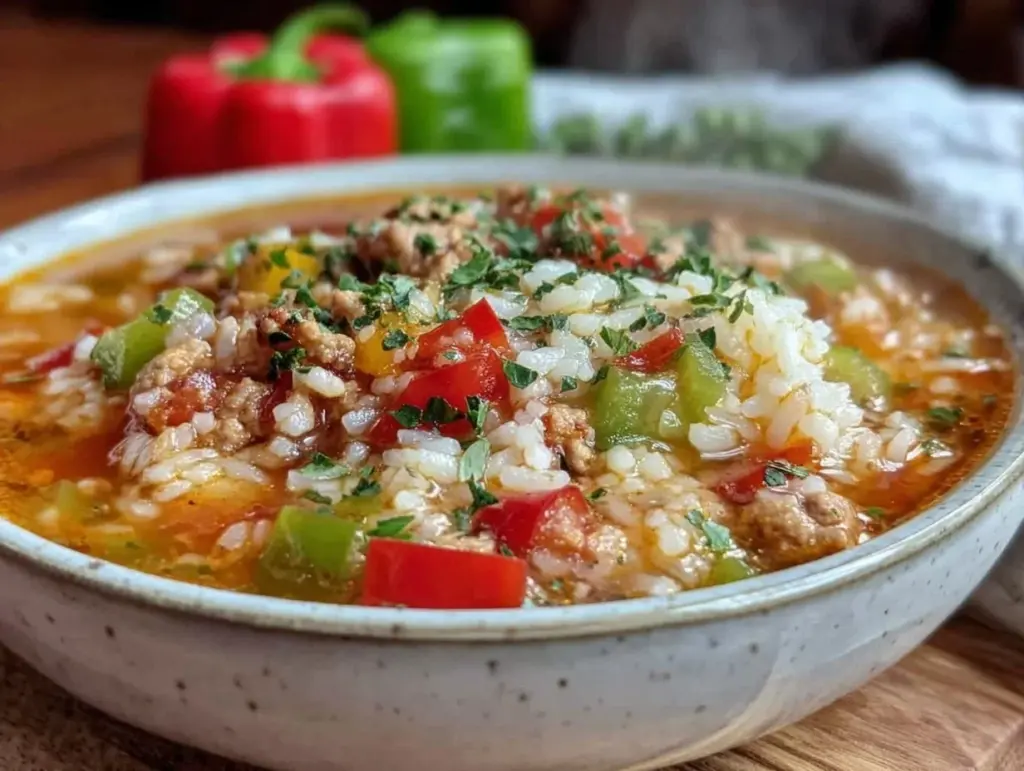 ground turkey stuffed pepper soup - featured image