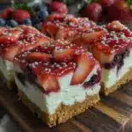 red white and blue layered strawberry cheesecake bars - featured image