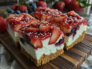 red white and blue layered strawberry cheesecake bars - featured image