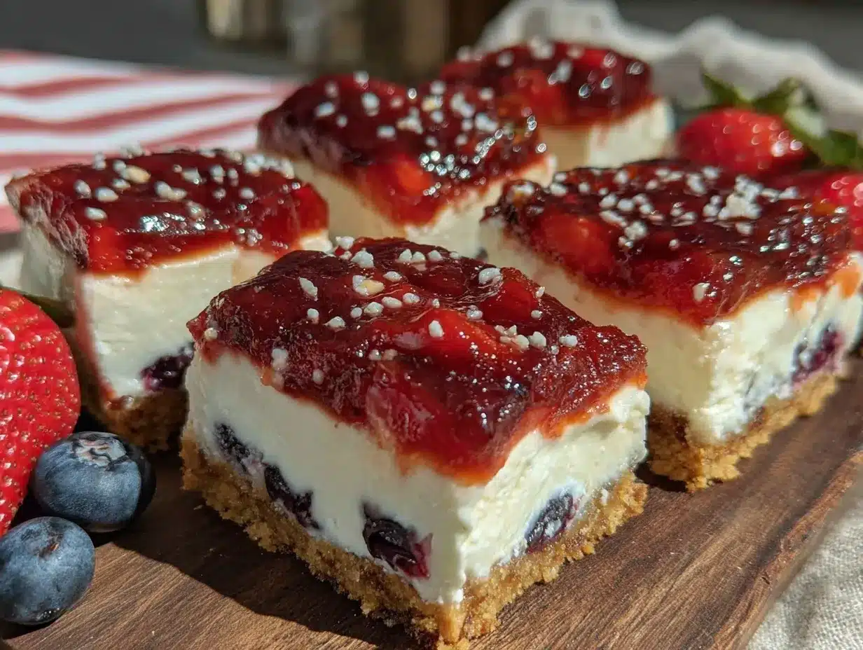 red white and blue layered strawberry cheesecake bars preparation steps