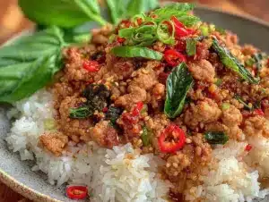 spicy thai basil ground turkey stir fry - featured image