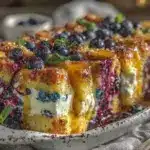 blueberry cream cheese stuffed french toast casserole - featured image