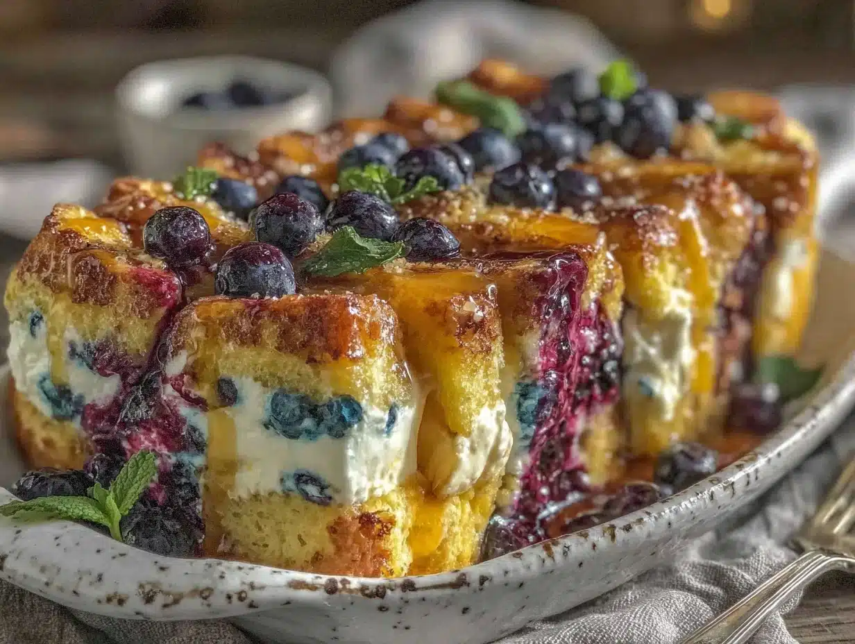 blueberry cream cheese stuffed french toast casserole - featured image