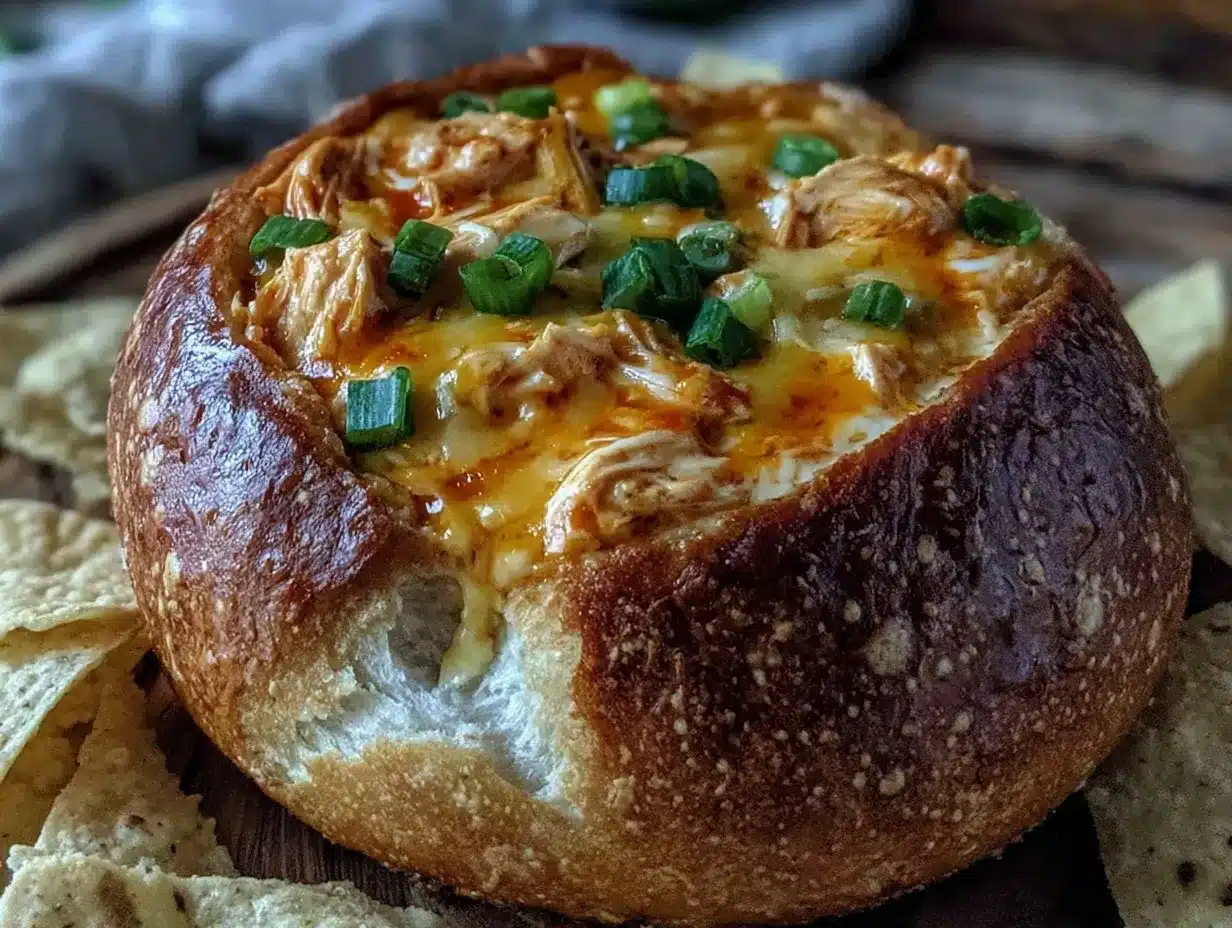 creamy buffalo chicken dip bread bowl preparation steps
