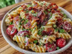 creamy loaded bacon ranch pasta salad - featured image