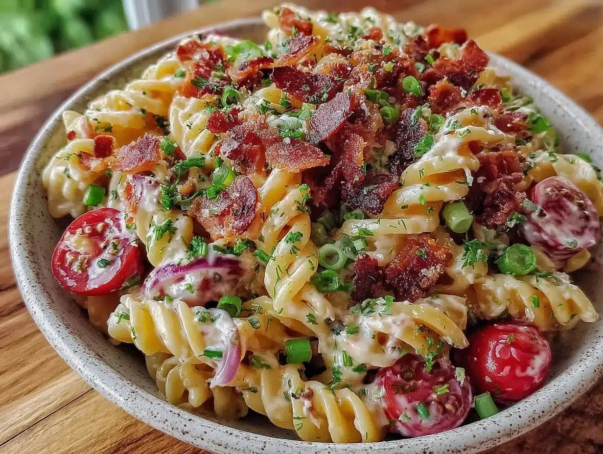 creamy loaded bacon ranch pasta salad - featured image