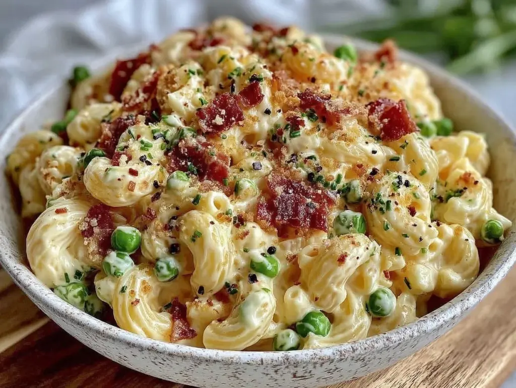 creamy macaroni salad with bacon and peas - featured image