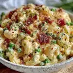 creamy macaroni salad with bacon and peas - featured image