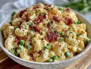 creamy macaroni salad with bacon and peas - featured image