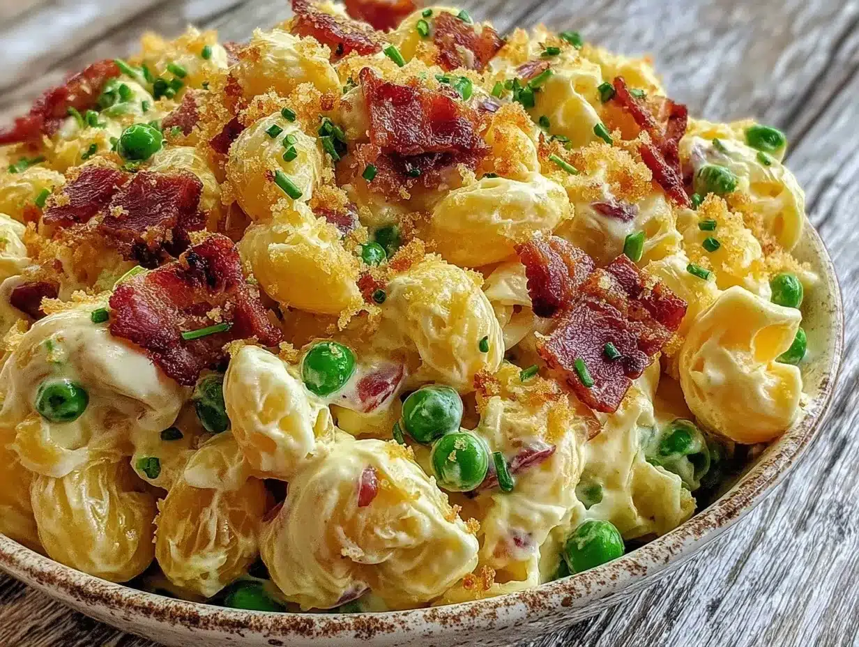 creamy macaroni salad with bacon and peas preparation steps