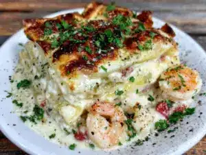 creamy seafood lasagna - featured image