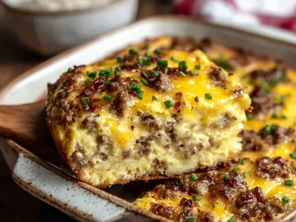 easy cheesy sausage egg and cheese breakfast casserole - featured image