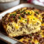 easy cheesy sausage egg and cheese breakfast casserole - featured image