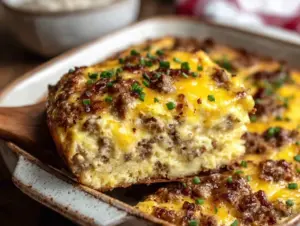 easy cheesy sausage egg and cheese breakfast casserole - featured image