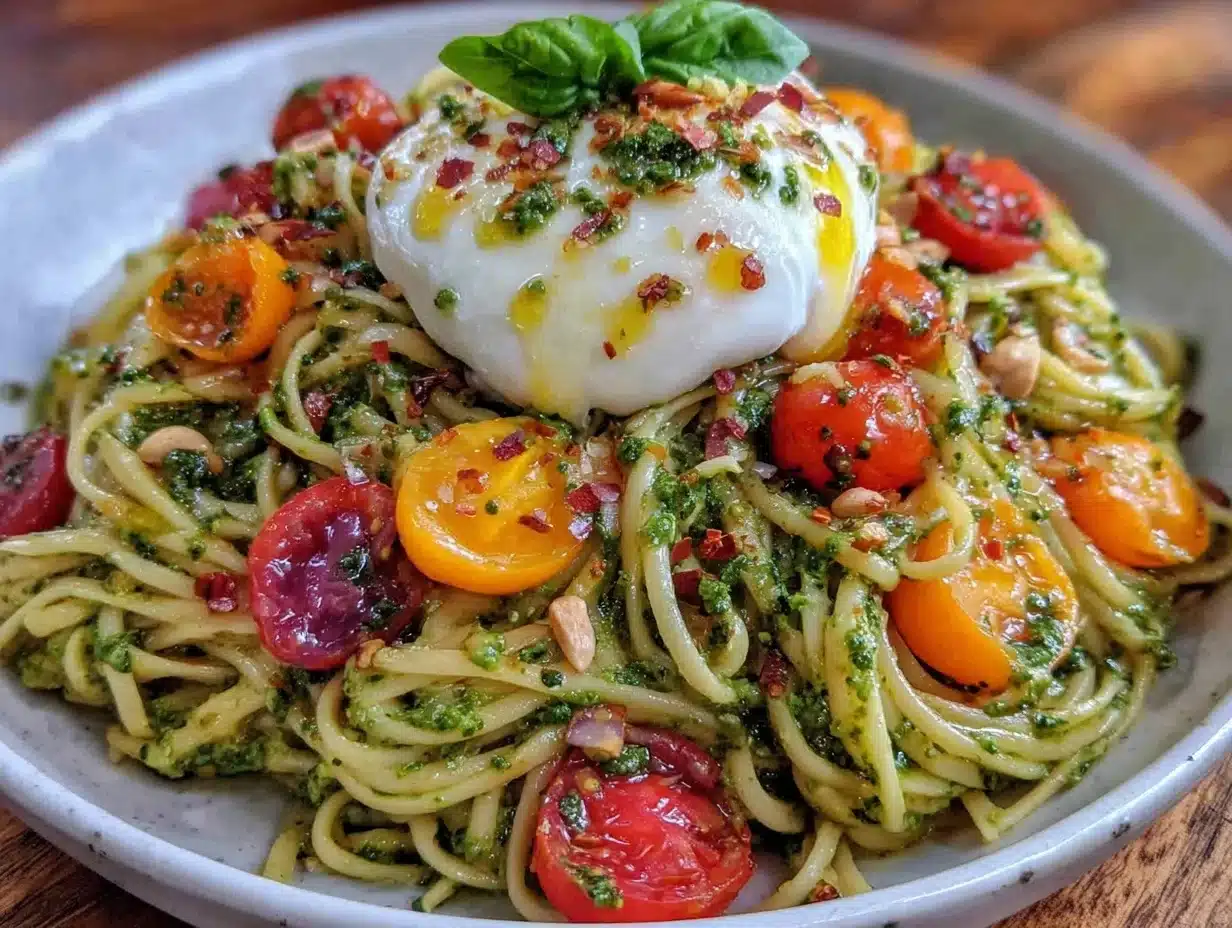 fresh garlic scape pesto pasta - featured image
