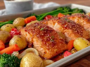 honey garlic salmon sheet pan dinner - featured image