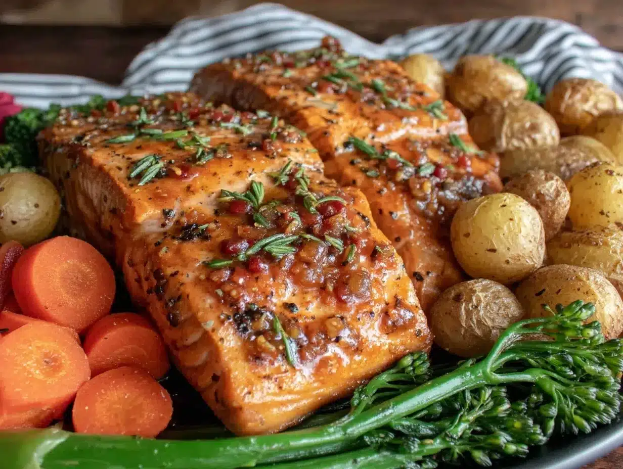 honey garlic salmon sheet pan dinner preparation steps