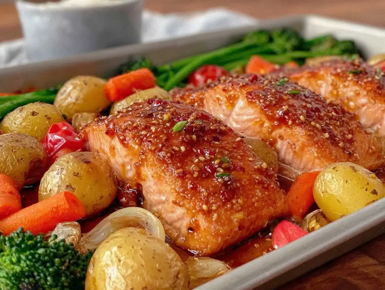 honey garlic salmon sheet pan dinner - featured image