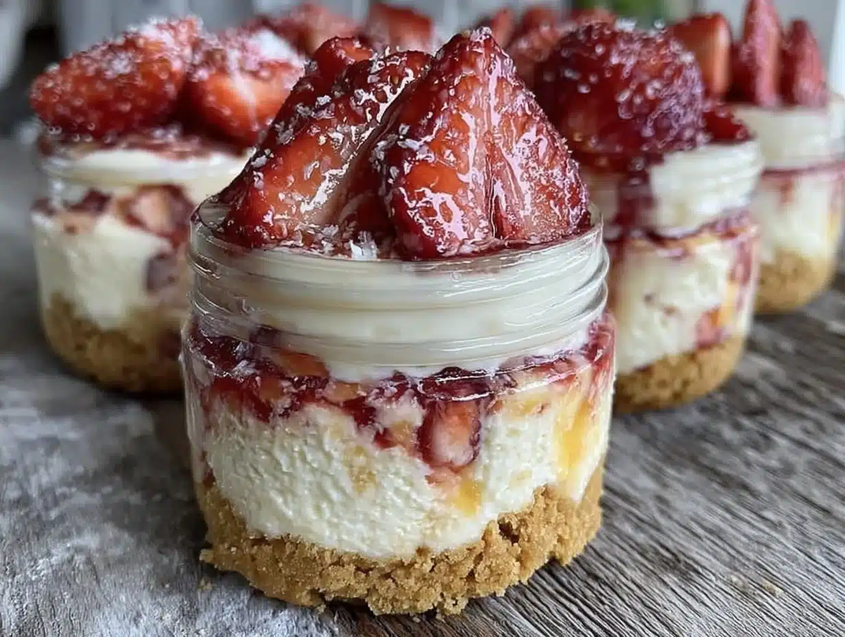 no-bake strawberry cheesecake jars - featured image