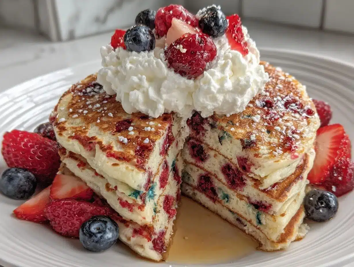 red white and blue pancake stack preparation steps