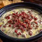 creamy crockpot queso blanco with spicy chorizo - featured image