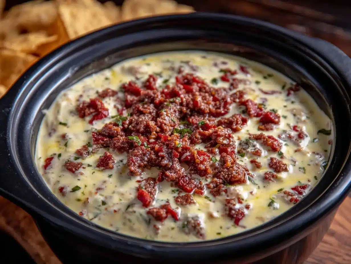 creamy crockpot queso blanco with spicy chorizo - featured image