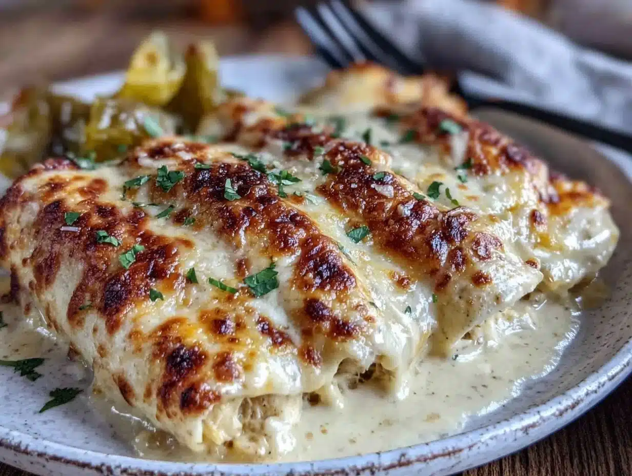 creamy green hatch chili chicken enchiladas - featured image
