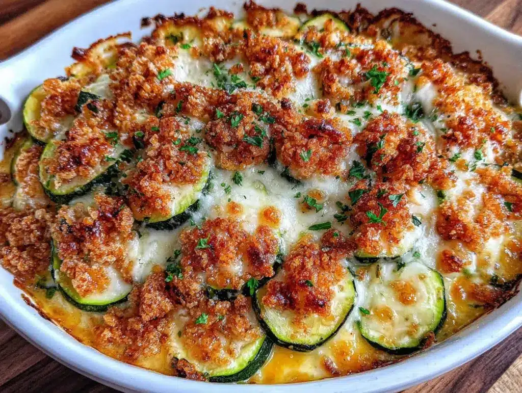 crispy cheesy shredded zucchini casserole - featured image