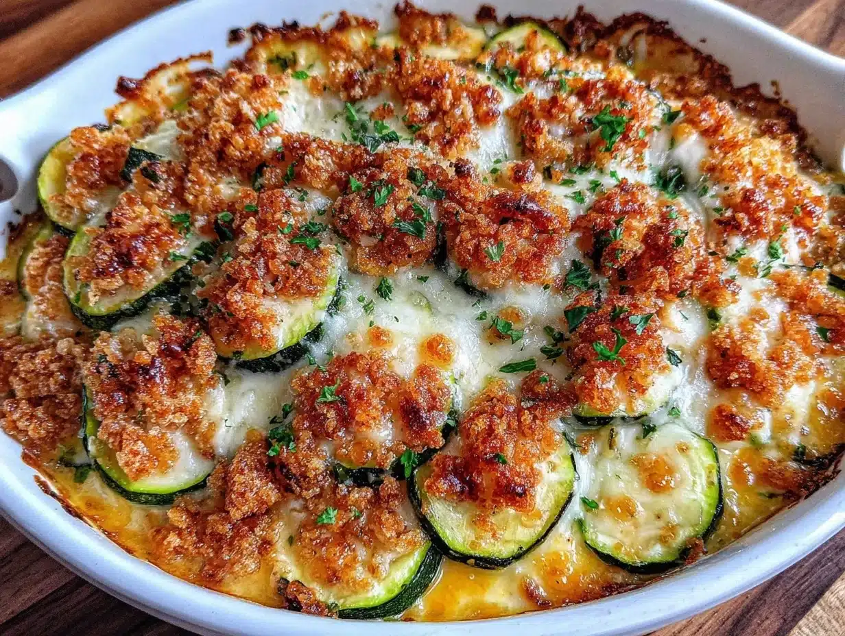 crispy cheesy shredded zucchini casserole - featured image