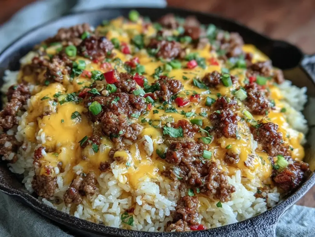 easy cheesy one-pan ground beef and rice skillet - featured image