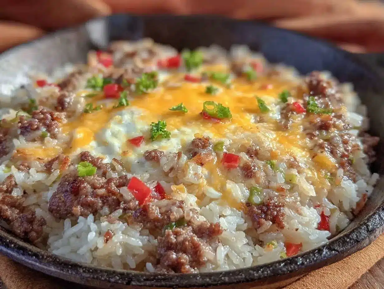 easy cheesy one-pan ground beef and rice skillet preparation steps