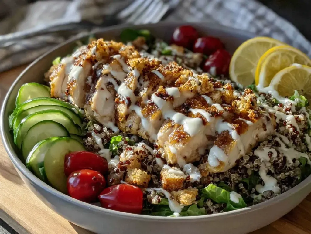 easy cold chicken caesar grain bowl - featured image