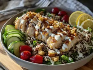 easy cold chicken caesar grain bowl - featured image