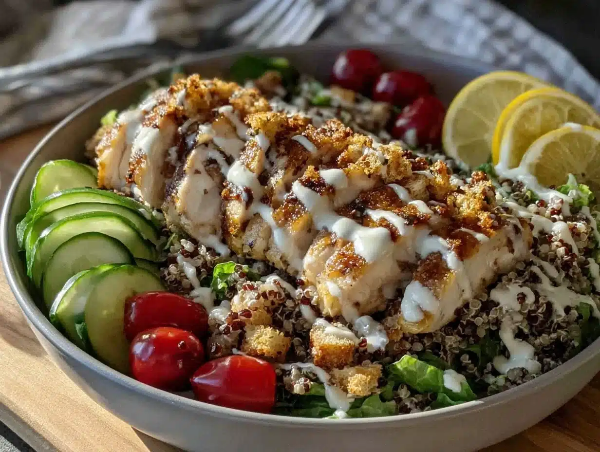 easy cold chicken caesar grain bowl - featured image