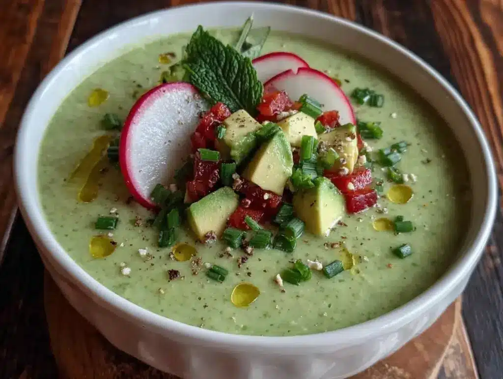 fresh cold cucumber avocado gazpacho soup - featured image